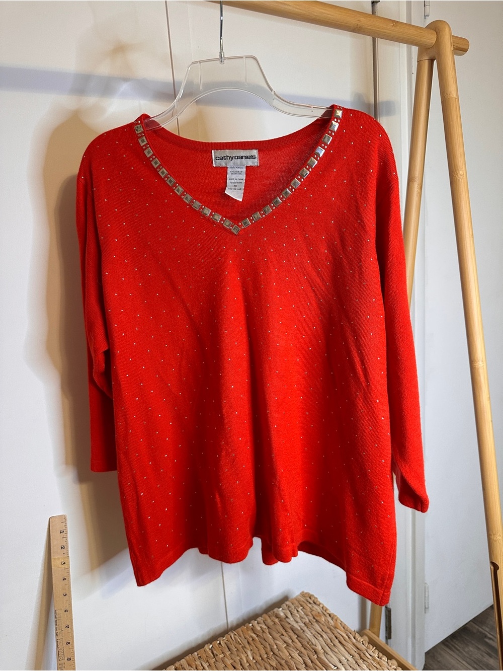 Cathy Daniels Bright Red V-Neck Sweater with Rhinestone Trim